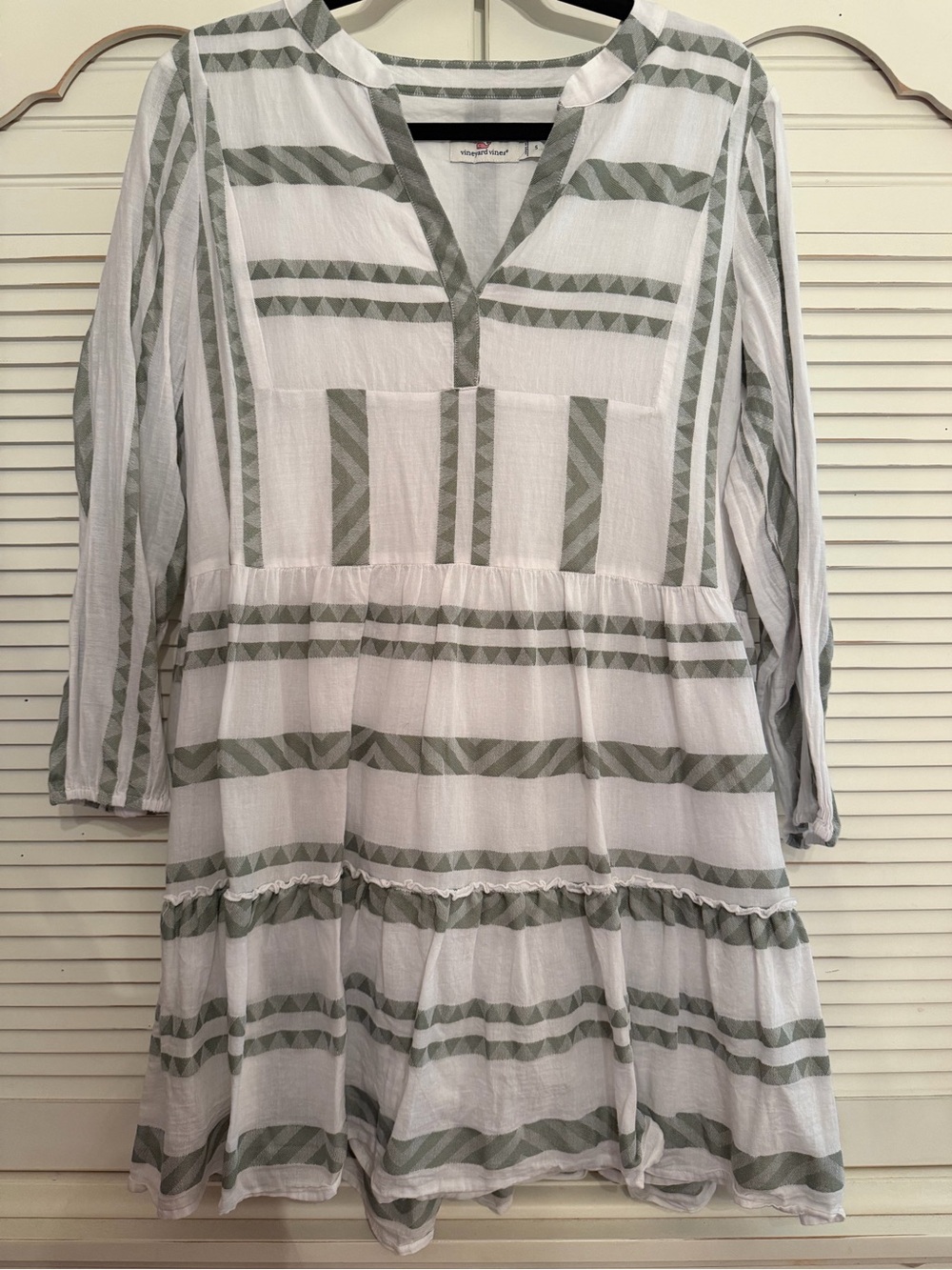 Vineyard Vines Lightweight White Tunic Dress with Sage Geometric Stripes